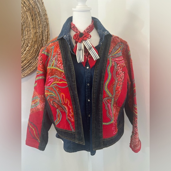 Chico's Red Embroidered Jean Jacket - Picture 2 of 6